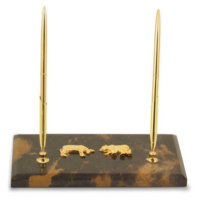Stock Market Tiger Eye Marble Gold-plated Double Pen Stand GM21431, MPN: GM21431, 797140360186