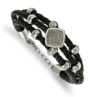 Druzy and Crystal Leather .75 Inch Extender Bracelet Stainless Steel Polished SRB2125-7 by Chisel, …