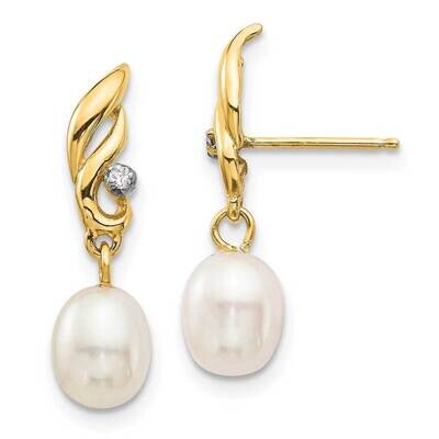 5-6mm White Rice Freshwater Cultured Pearl .02ct Diamond Dangle Earrings 14k Gold XE3236AA, MPN: XE…