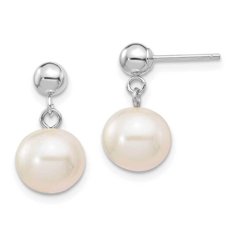 8-8.5mm White Round Freshwater Cultured Pearl Dangle Post Earrings 14k White Gold XFW570