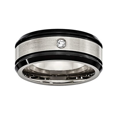 Titanium 8mm 0.05ct Diamond Double Groove &amp; Black IP Edges Band NST89-11.5