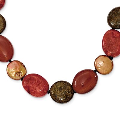 18 Inch Tiger Carnelian Reconstituted Coral Cultured Pearl Necklace Sterling Silver QH4554-18, MPN:…
