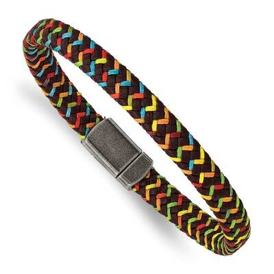 Brown Leather with Multi-Colored Nylon Bracelet Stainless Steel Antiqued SRB2824-8.25, MPN: SRB2824…