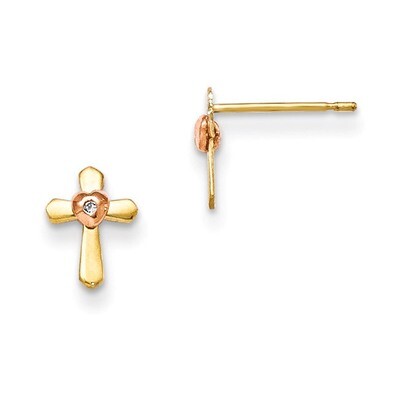 Children&#39;S Cross Heart Post Earrings 14k Yellow &amp; Rose Gold GK694, MPN: GK694, 191101080043