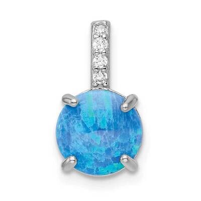 Round Blue Created Opal &amp; CZ Diamond Pendant Sterling Silver Rhodium-Plated QP5662, MPN: QP5662,