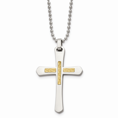 14k Gold Accent Diamond Cut Cross Necklace Stainless Steel SRN489-22 by Chisel, MPN: SRN489-22, 886…