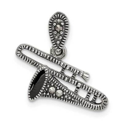 Marcasite &amp; Black Epoxy Trombone Pendant Sterling Silver Antiqued QC9609, MPN: QC9609,