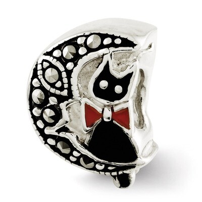 Marcasite &amp; Enameled Cat &amp; Moon Bead - Sterling Silver QRS2666, MPN: QRS2666, 886774991986