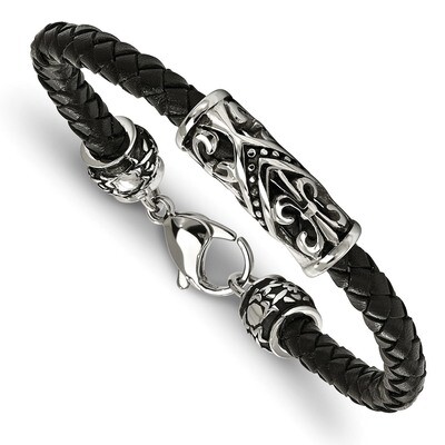 Fleur De Lis Black Leather Bracelet Stainless Steel Polished Antiqued SRB2052-8.5 by Chisel, MPN: S…