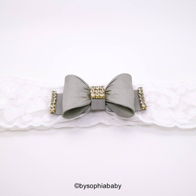 White Grey Baby Headband Baby Bow Headband Newborn Headband Photo Prop Baptism Headband Gray Baby H…