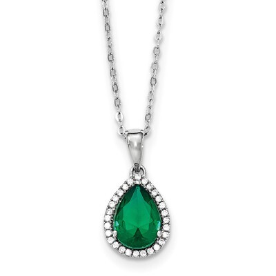 Simulated Emerald &amp; CZ Diamond Necklace 18 Inch Sterling Silver Rhodium QG4069MAY-18, MPN: QG4069MA…