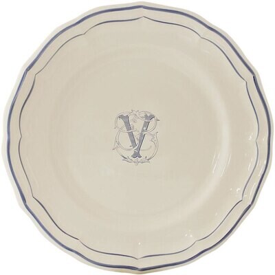 Gien Monogram Filet Bleu Dinner Plate Letter V 1710AEXV22, MPN: 1710AEXV22, 840769019413