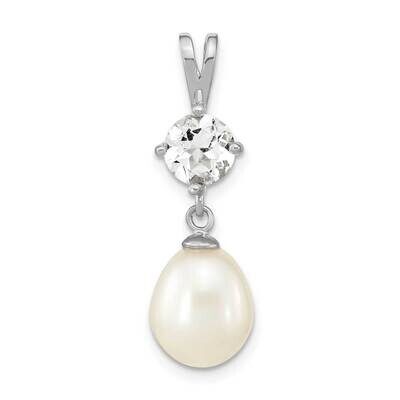 White Topaz 8X10mm Teardrop Cultured Freshwater Pearl Pendant Sterling Silver Rhodium-plated QP5412…