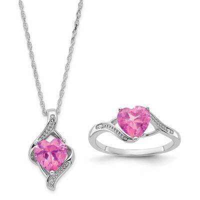 Sterling Silver Diamond &amp; Created Pink Sapphire Heart Ring &amp; Necklace Set BOXSETRLS6464-SSAS45