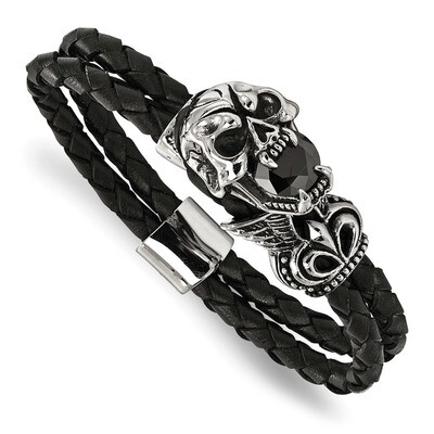 Glass Leather Bracelet Stainless Steel Antiqued Polished SRB1744-8.5 by Chisel, MPN: SRB1744-8.5, 1…