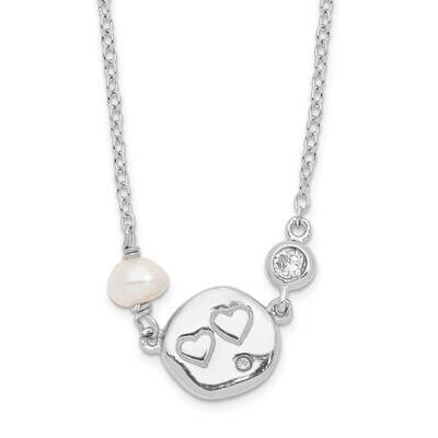 CZ Diamond Fw Cultured Pearl with Hearts Necklace 18 Inch Sterling Silver Rhodium-Plated QG6025-18,…