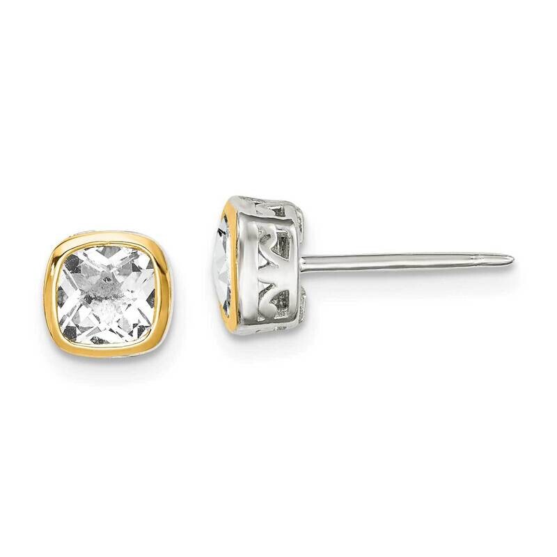 White Topaz Square Stud Earrings Sterling Silver with 14k Gold Accent QTC1729