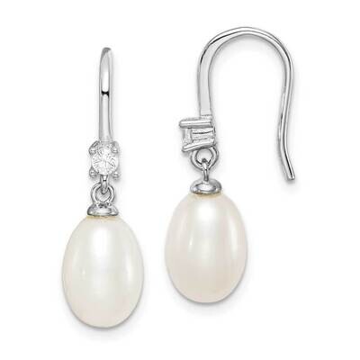 7-8mm White Rice Freshwater Cultured Pearl CZ Diamond Earrings Sterling Silver Rhodium Plated QE152…