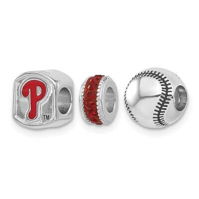 MLB Philadelphia Phillies Enamel &amp; Crystal 3 Bead Set Sterling Silver PHI3BDBASE-SS, MPN: PHI3BDBAS…