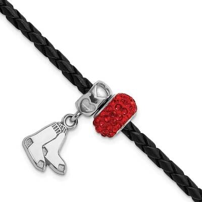 MLB Boston Red Sox &amp; Red Crystal Bead Leather Bracelet Sterling Silver RSO013BD2B1BS1, MPN: RSO013B…