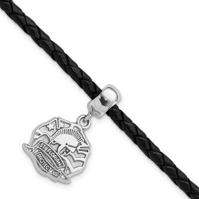 Polished St. Florian Dangle Bead Leather Bracelet Sterling Silver PBS039BDSSBR, MPN: PBS039BDSSBR, …