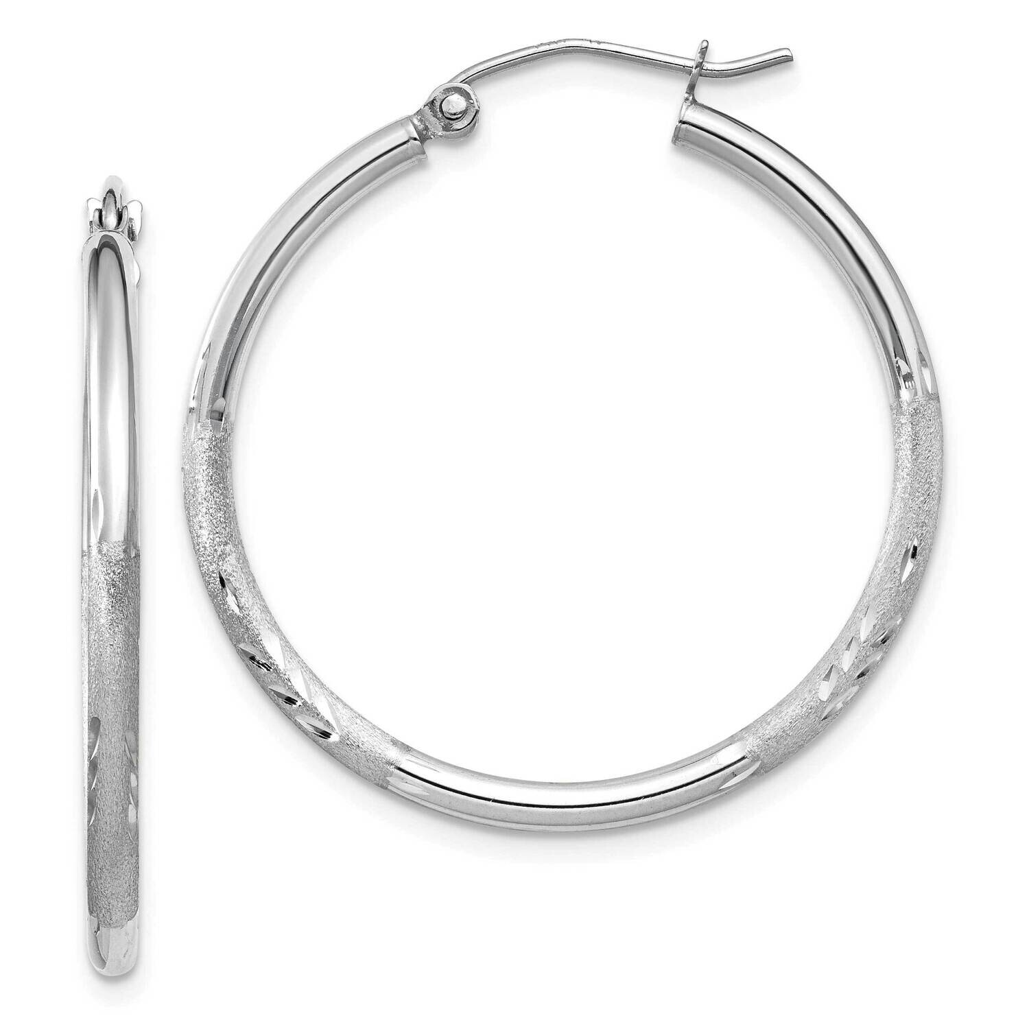 Satin Diamond-Cut 2mm Round Hoop Earrings 10k White Gold 10TC196, MPN: 10TC196,