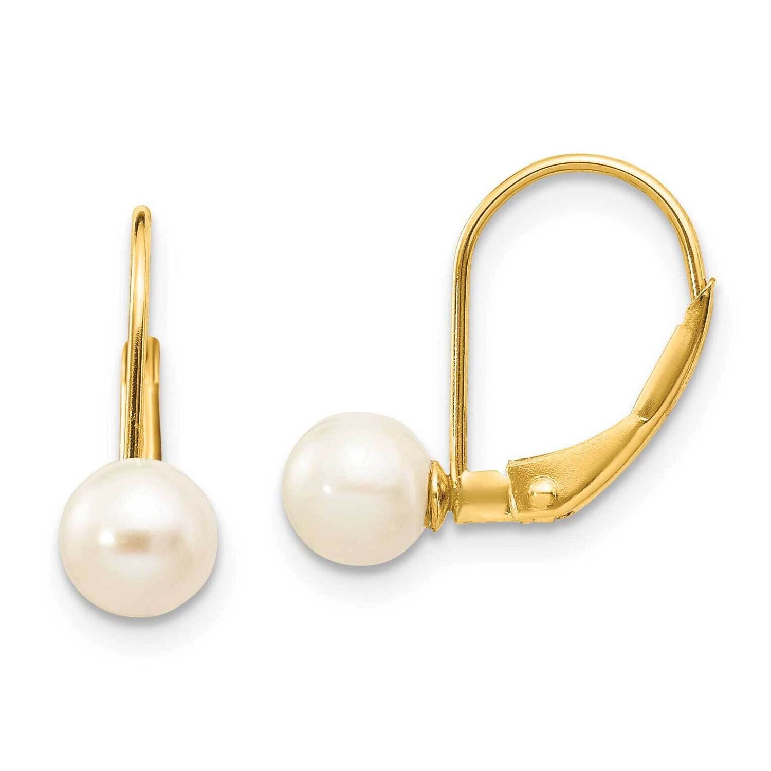 5-6mm White Round Freshwater Cultured Pearl Leverback Earrings 10k Gold 10XF496E