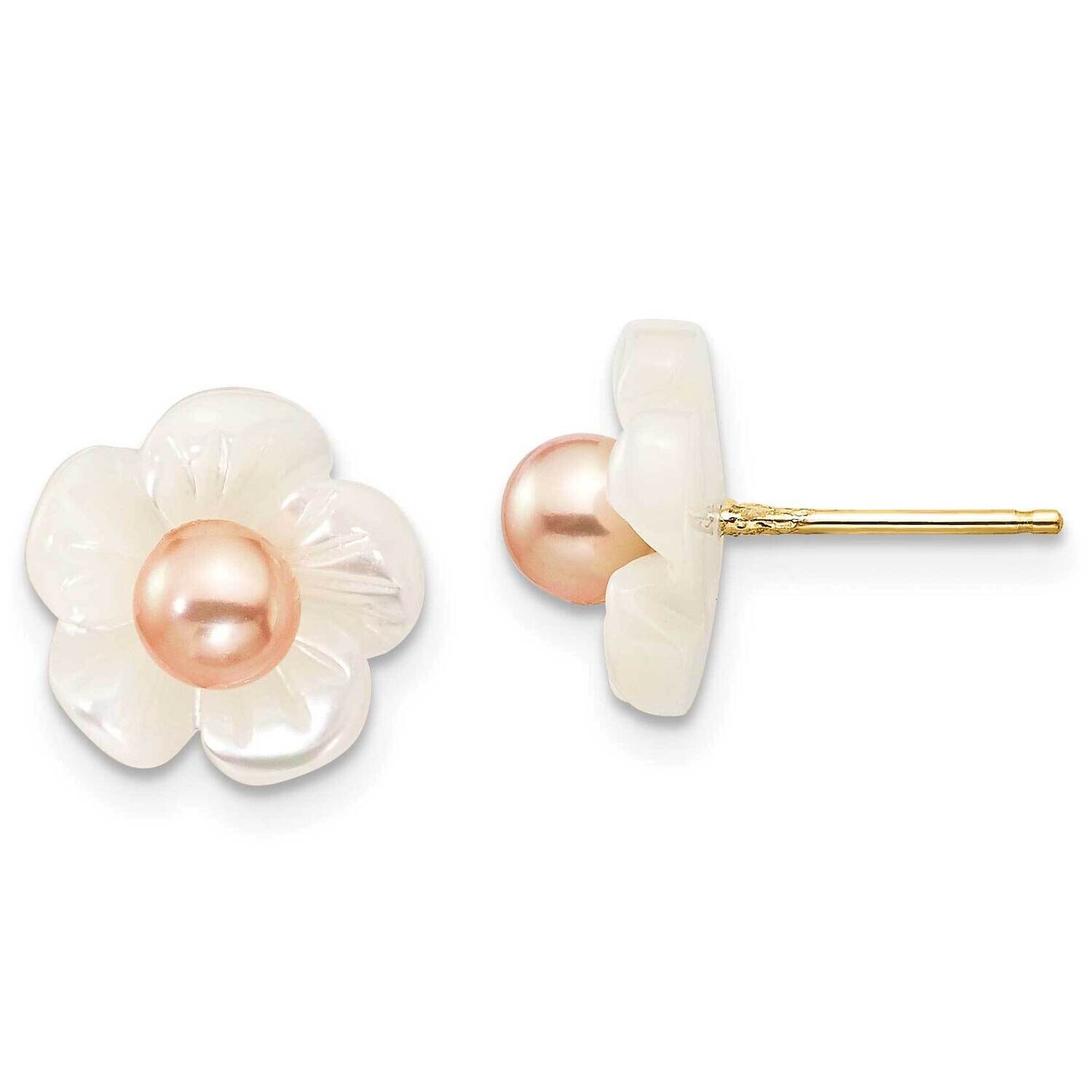 3-4mm Pink Fw Cultured Pearl 10mm Mop Flower Post Earrings 10k Gold 10XF592EP