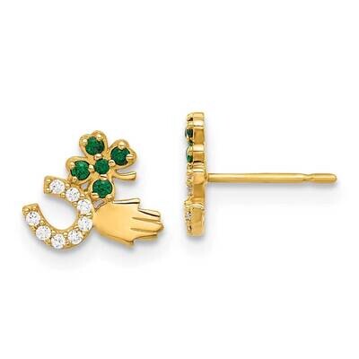 Green &amp; Clear CZ Good Luck Post Earrings 10k Polished Gold 10ER367, MPN: 10ER367,