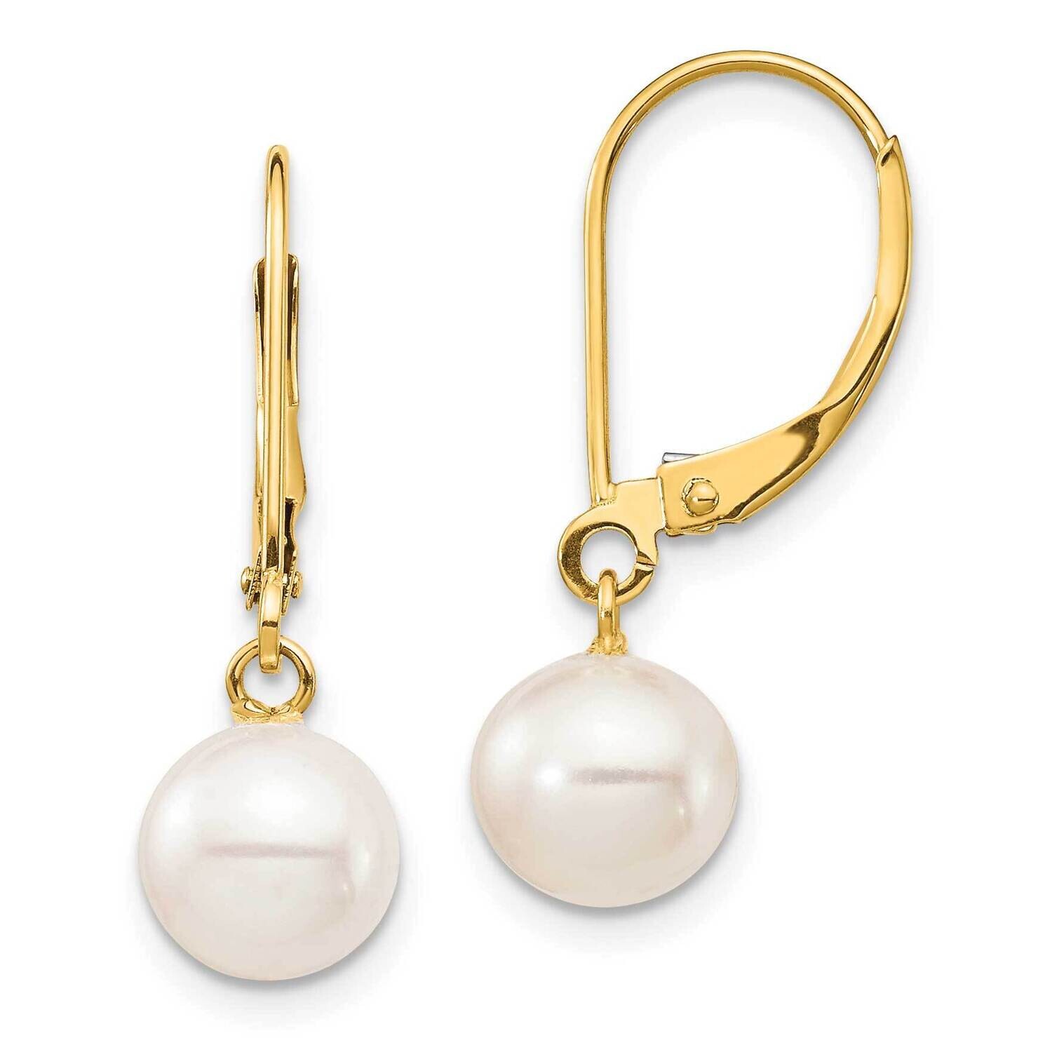 7-8mm White Round Freshwater Cultured Pearl Leverback Earrings 10k Gold 10XF725E, MPN: 10XF725E,