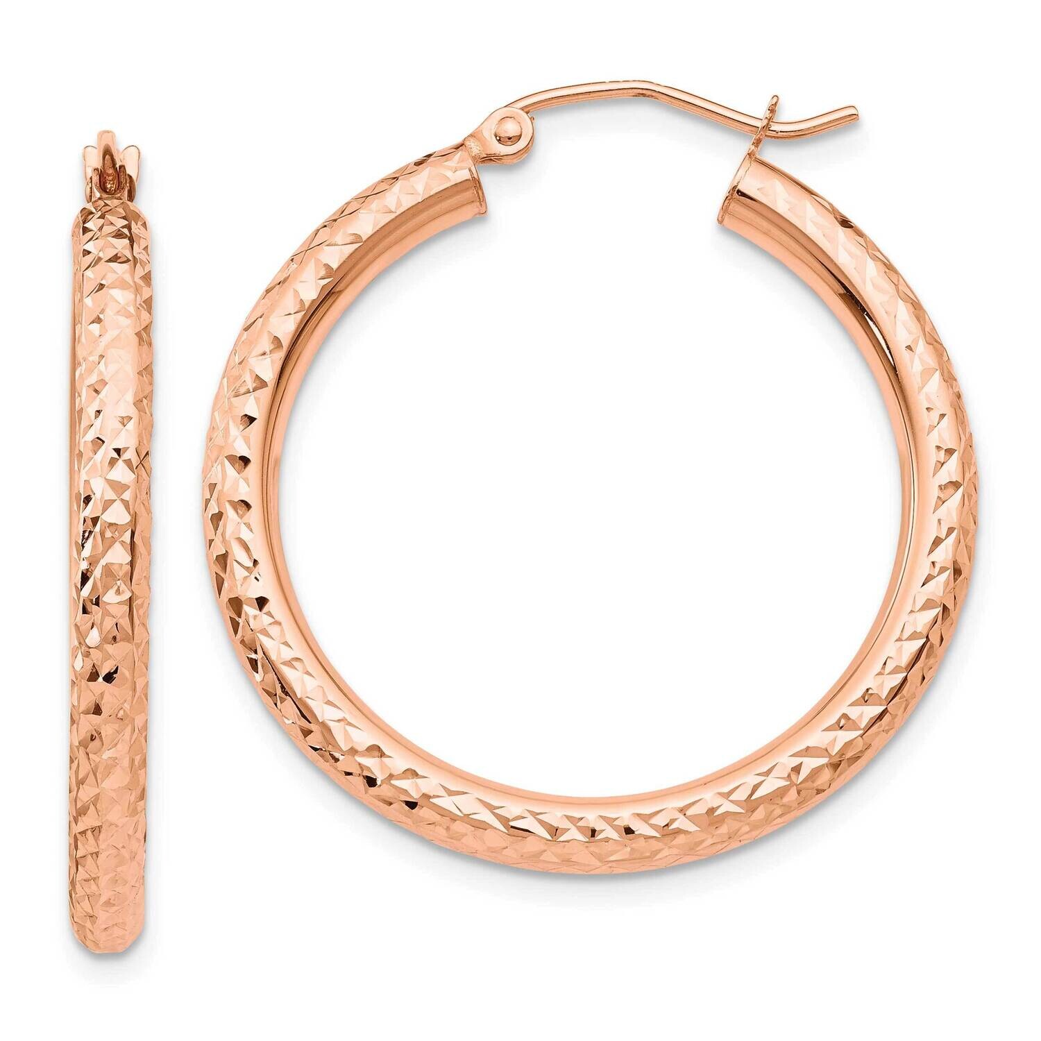 Diamond-Cut 3mm Round Hoop Earrings 10k Rose Gold 10TF823, MPN: 10TF823,