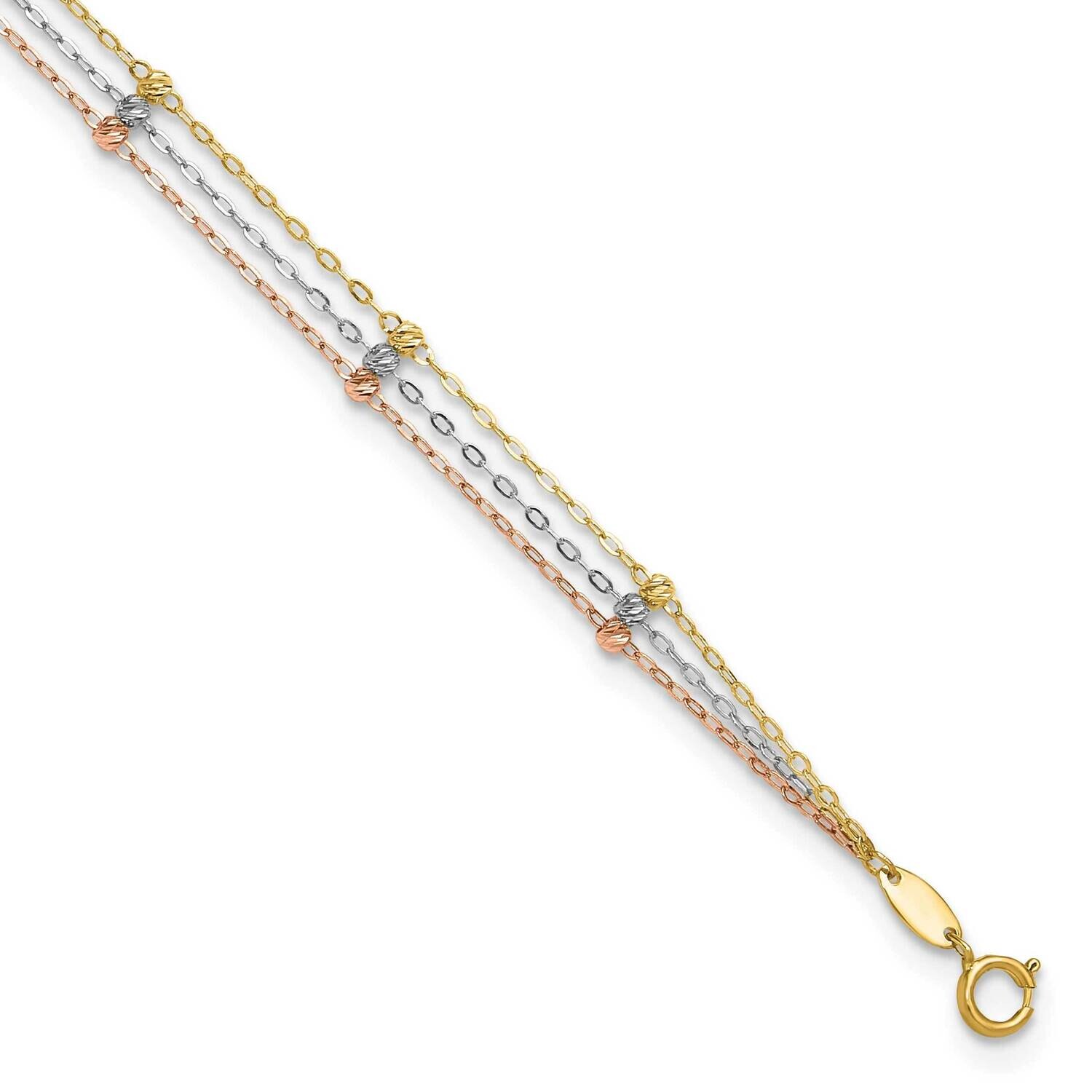 3-StrDiamond-Cut Beaded 9 Inch Plus 1 Inch Extension Anklet 10k Tri-Color Gold 10ANK290-10, MPN: 10…