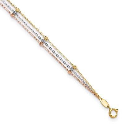 3-StrDiamond-Cut Beaded 9 Inch Plus 1 Inch Extension Anklet 10k Tri-Color Gold 10ANK290-10, MPN: 10…
