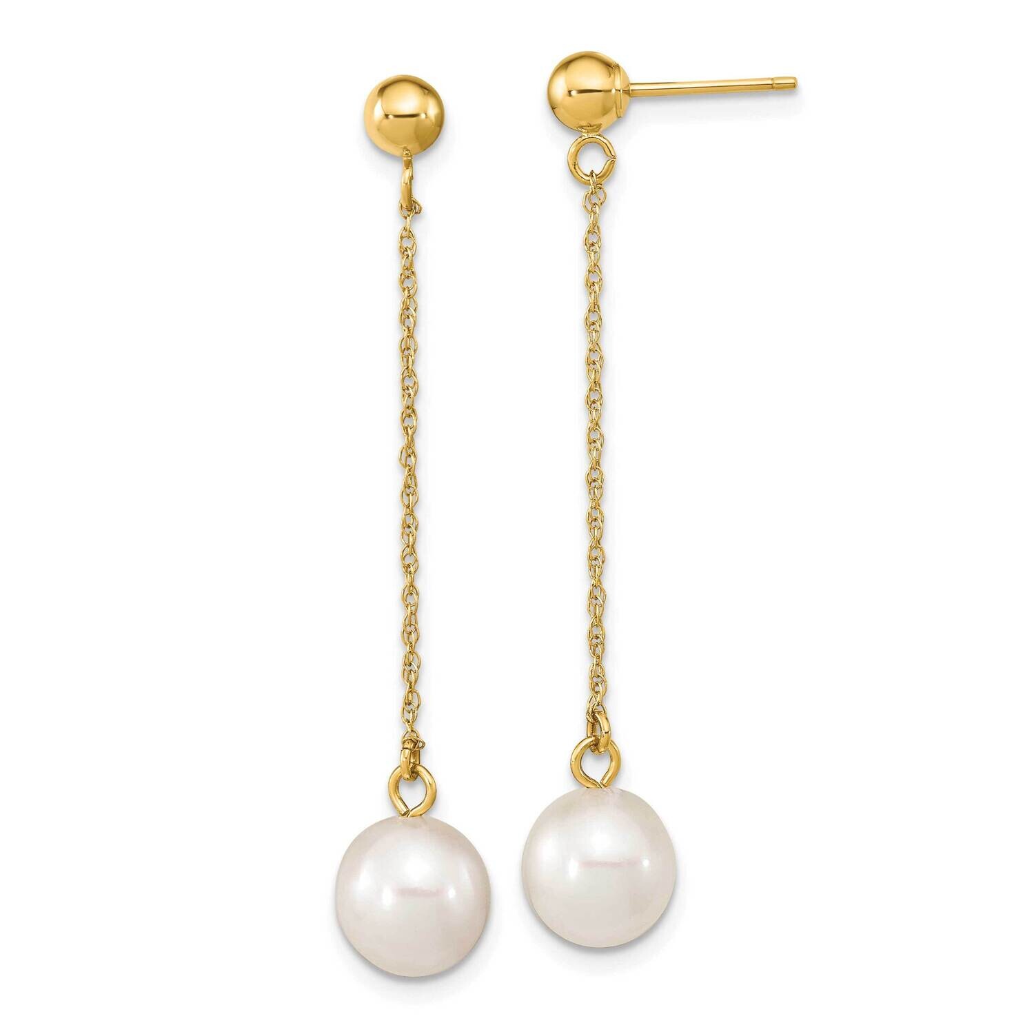 7-8mm White Round Freshwater Cultured Pearl Dangle Post Earrings 10k Gold 10XF652E, MPN: 10XF652E,
