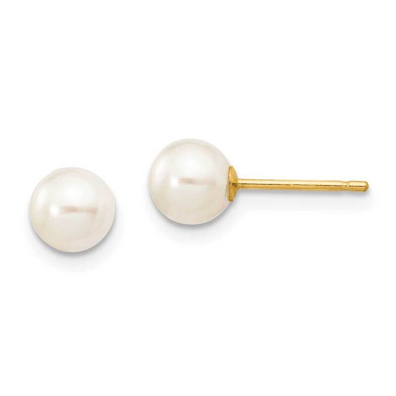 5-6mm White Round Freshwater Cultured Pearl Stud Post Earrings 10k Gold 10X50PW
