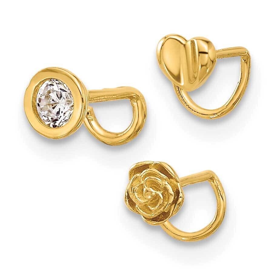 22 Gauge Polished CZ Flower Heart Nose Ring Set 14k Gold BD238, MPN: BD238,