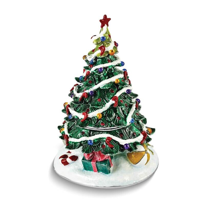 Luxury Giftware Pewter Crystals Silver-Tone Enameled Nostalgia Christmas Tree Trinket Box Matching 18 Inch Necklace Bejeweled BJ4158
