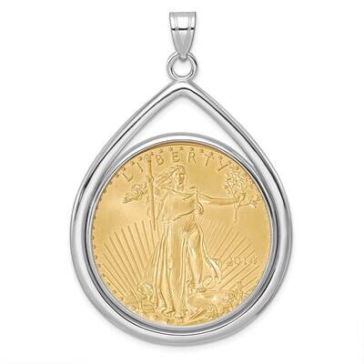 Polished Lightweight Tear Drop Prong Mounted 1Oz American Eagle Coin Bezel Pendant 14k White Gold C…