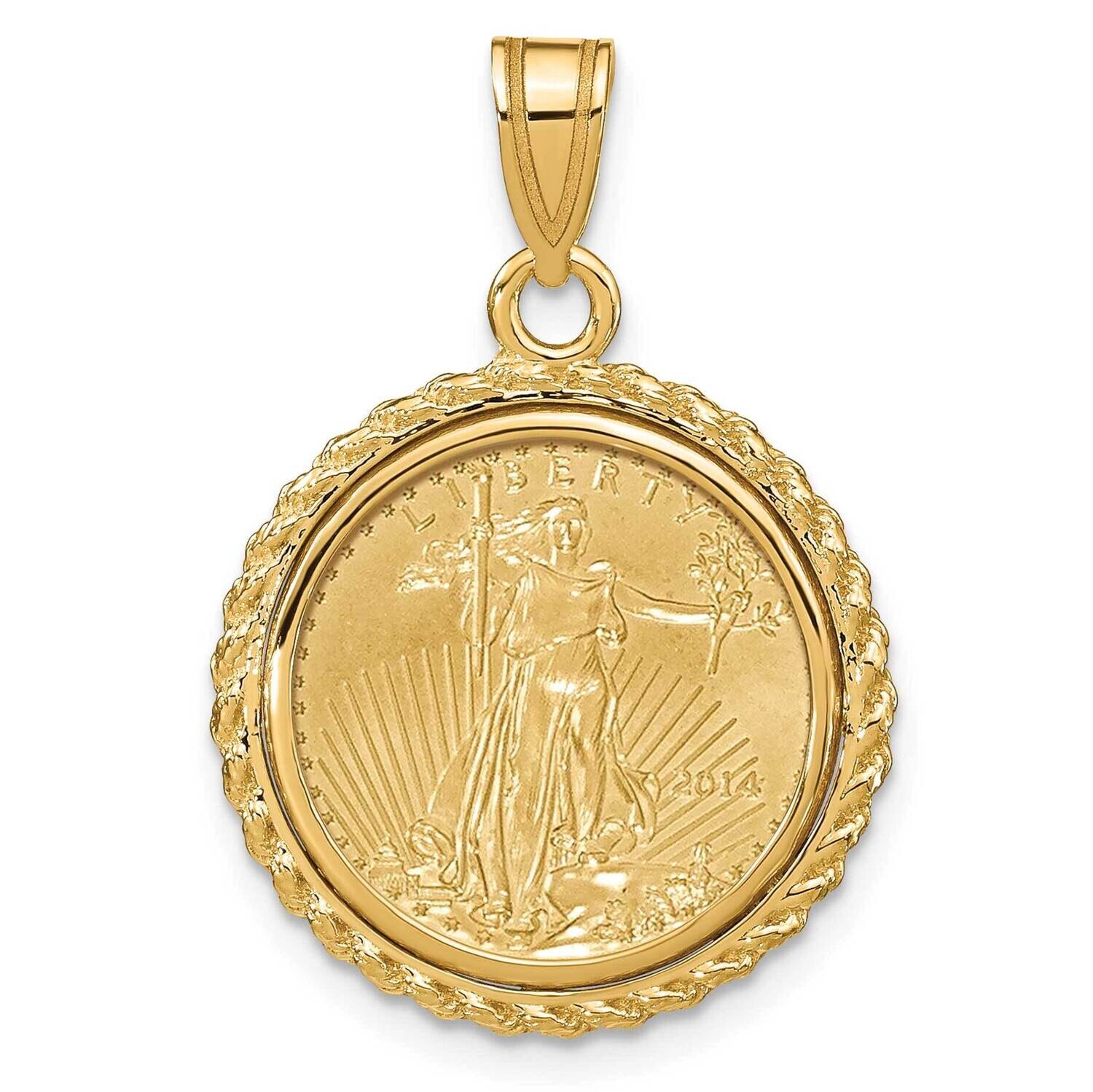 Polished Casted Rope Prong Mounted 1/10Oz American Eagle Coin Bezel Pendant 14k Gold C8185/16.5C, M…