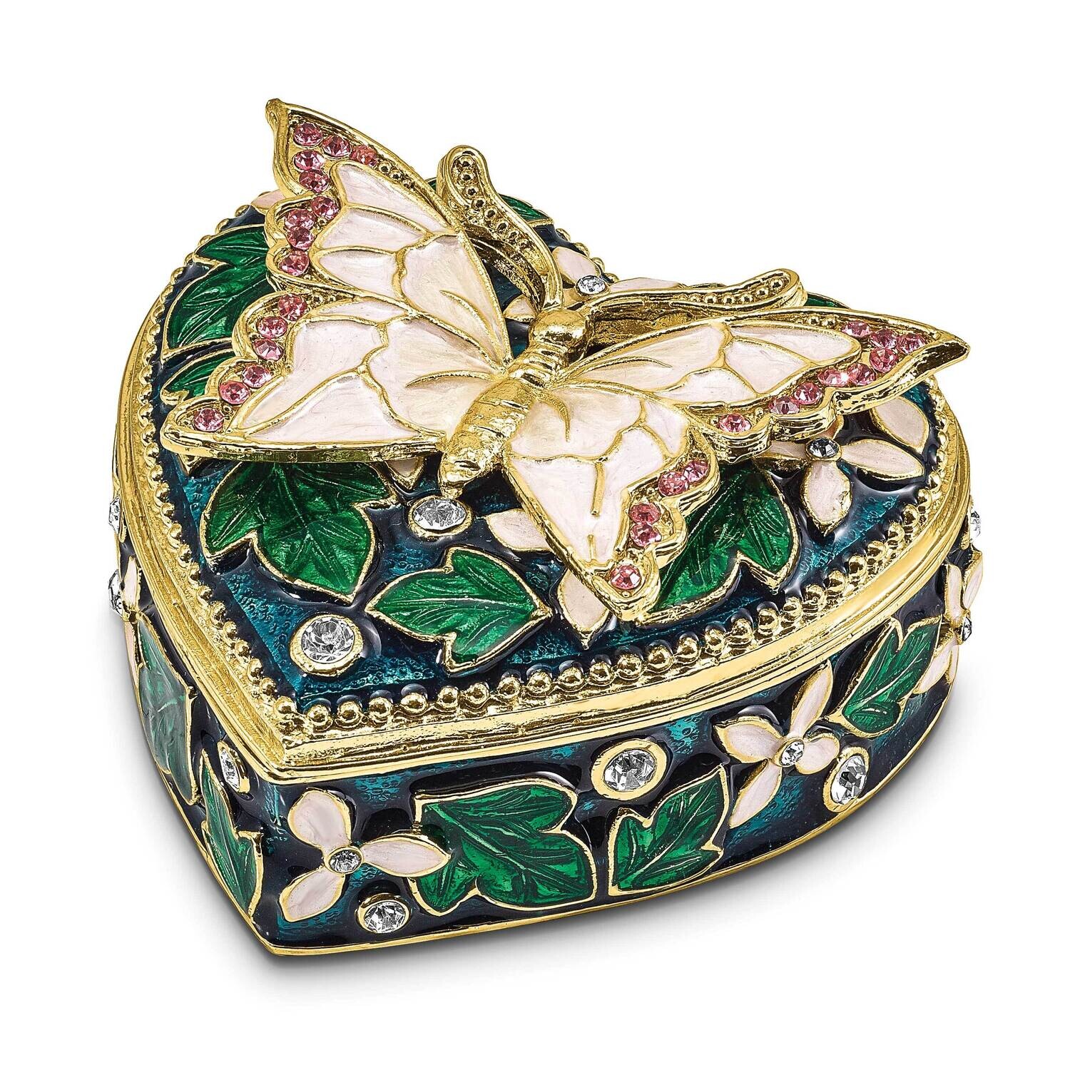 Luxury Giftware Pewter Crystals Gold-Tone Enameled Blush Pink Butterfly On Heart Trinket Box Matchi…