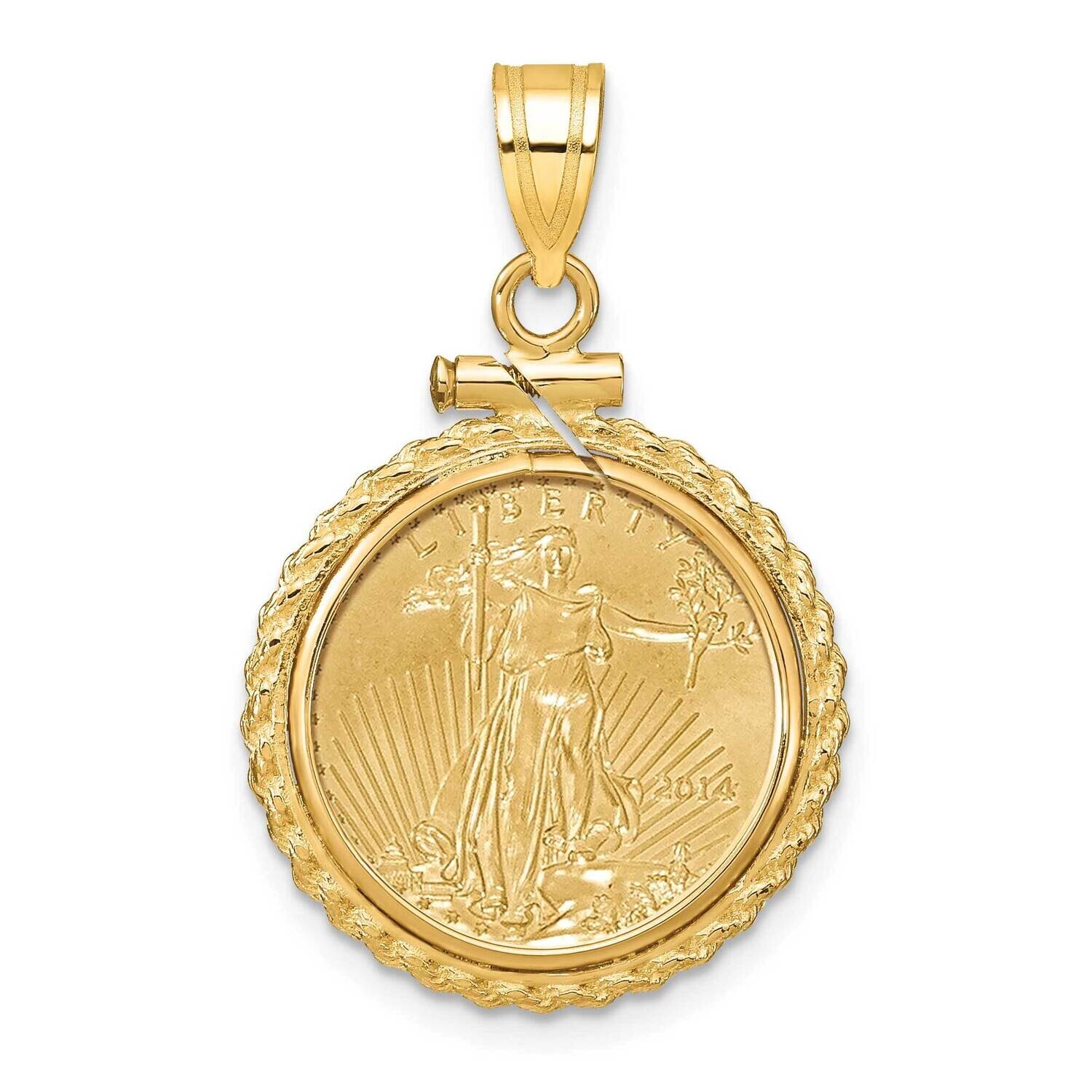 Polished Casted Rope Screw Top Mounted 1/10Oz American Eagle Coin Bezel Pendant 14k Gold C8195/16.5C