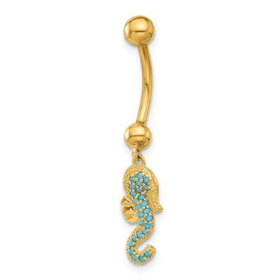 14 Gauge Polished Blue CZ Seahorse Dangle Navel Belly Ring 14k Gold BD288, MPN: BD288,