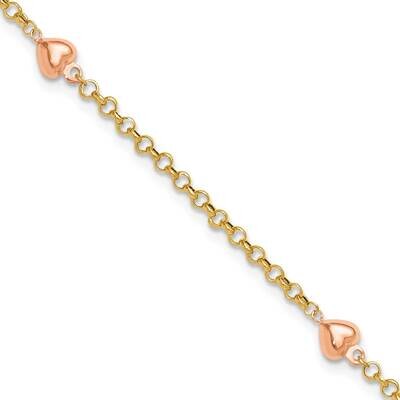 Puff Heart 10In Anklet 14k Two-Tone Gold ANK220Y/R-10, MPN: ANK220Y/R-10,