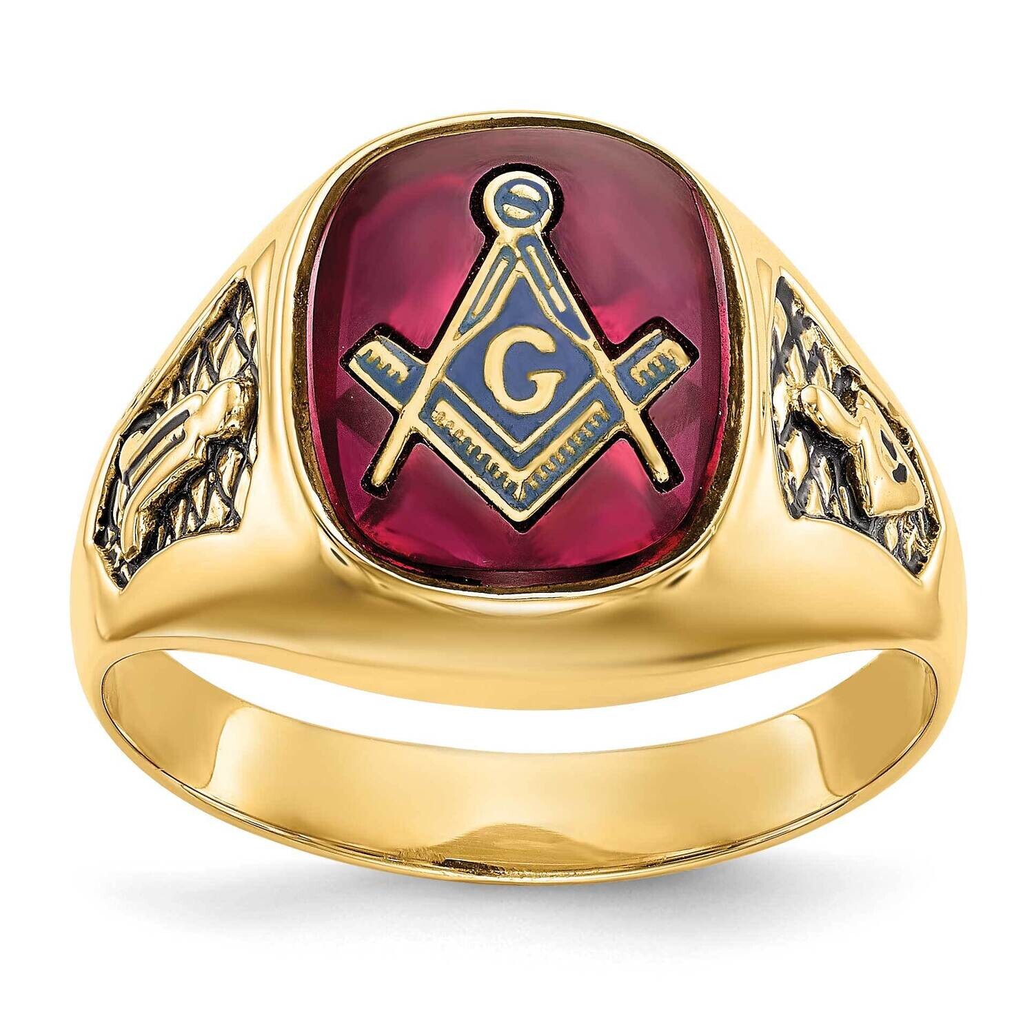 Men's Polished Textured Black Enamel Lab Created Ruby Masonic Ring 10k Gold 10Y1583M
