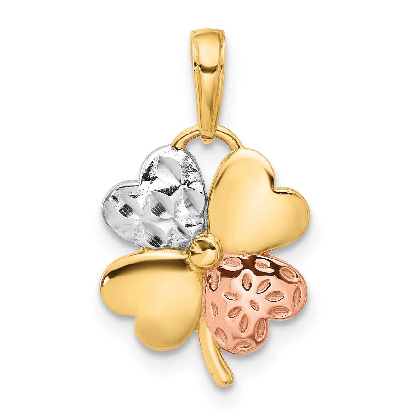 Rose White Rhodium Polished Diamond-Cut Clover Pendant 14k Gold C4882, MPN: C4882,