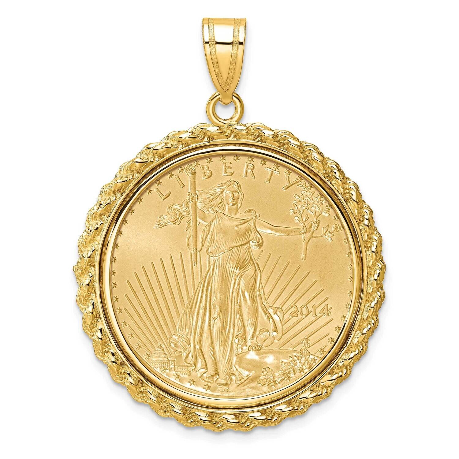 Polished Casted Rope Prong Mounted 1/2Oz American Eagle Coin Bezel Pendant 14k Gold C8185/27.0C