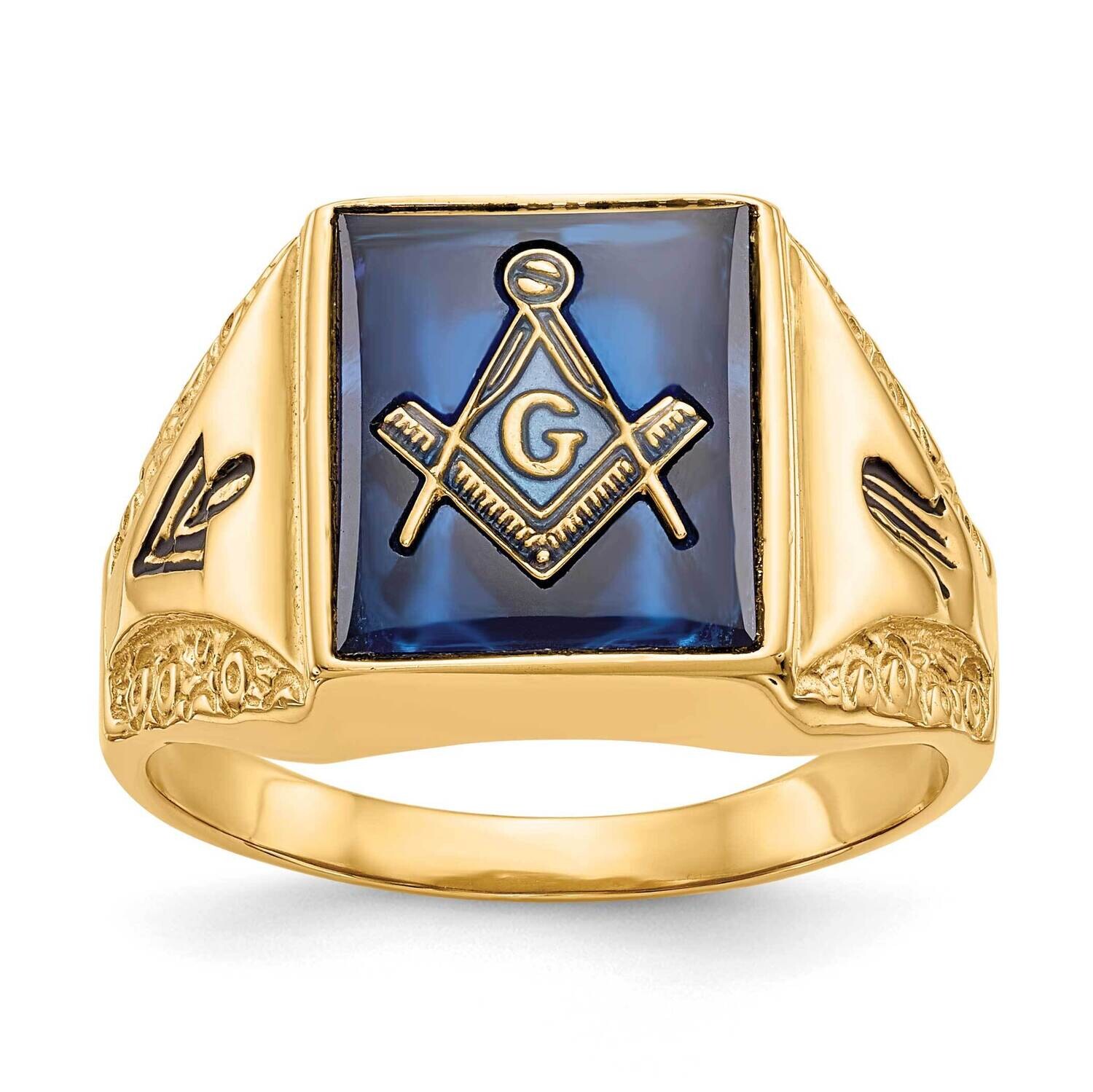 Men's Polished Antiqued Textured Imitation Blue Spinel Masonic Ring 10k Gold 10Y4094M