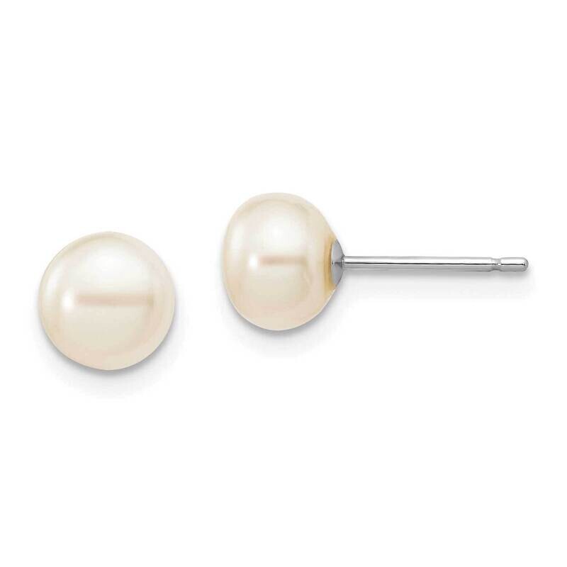 6-7mm White Button Fw Cultured Pearl Stud Post Earrings 10k White Gold 10XW60BW