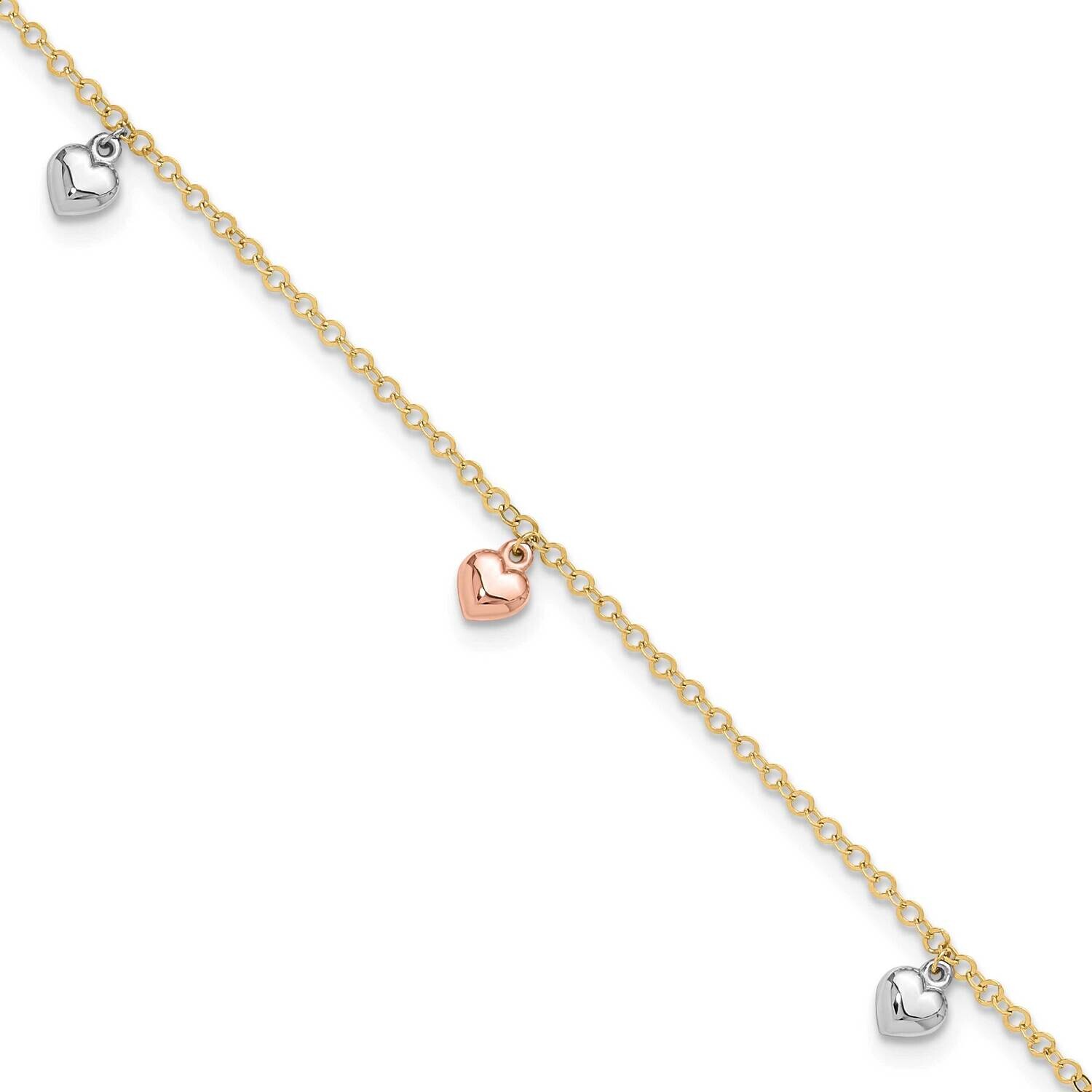Polished Hearts 9 Inch Plus 1 Inch Extender Anklet 14k Tri-Color Gold ANK336-9, MPN: ANK336-9,