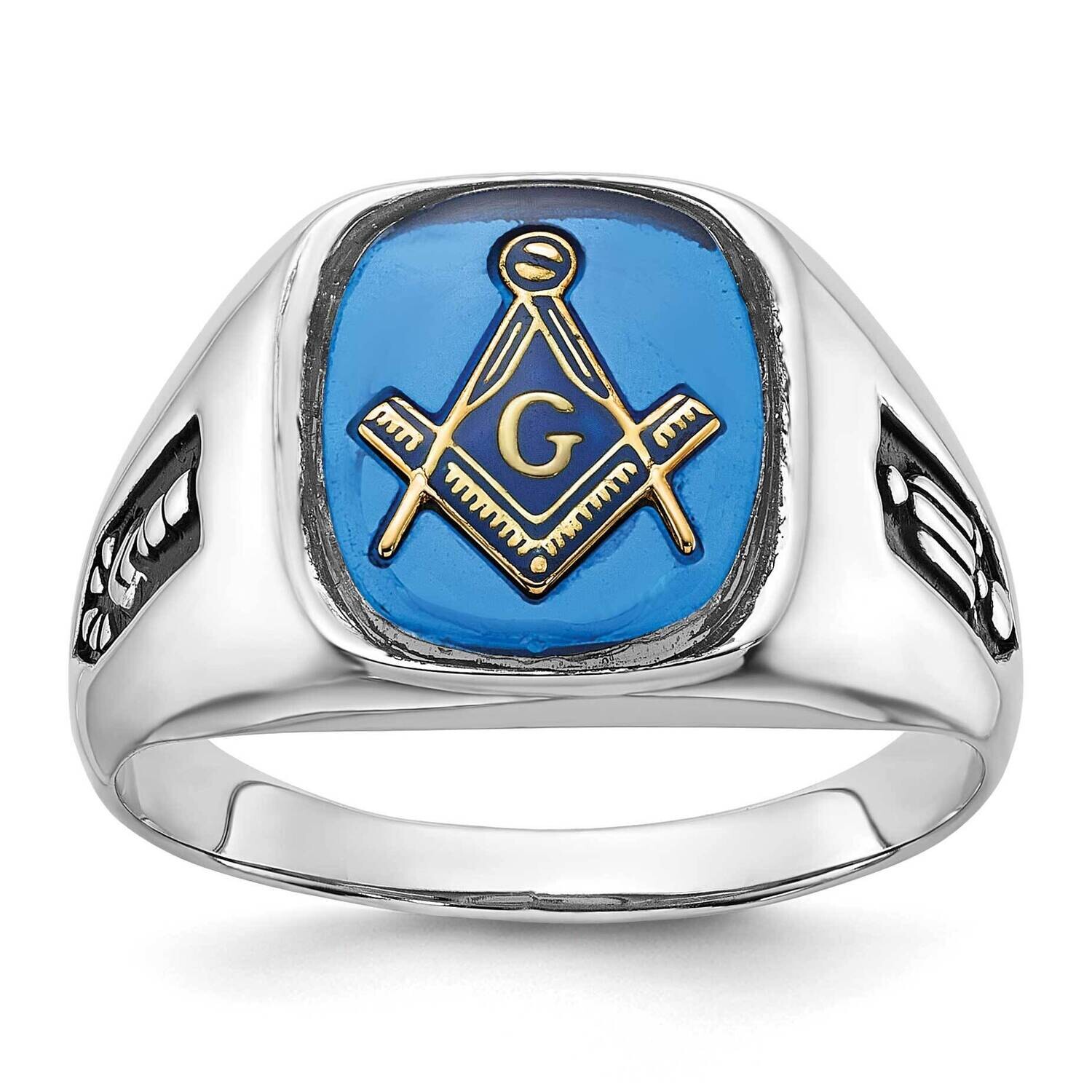 Men&#39;s Polished Grooved Black Enamel Imitation Blue Spinel Masonic Ring 10k White Gold 10Y1589M by M…